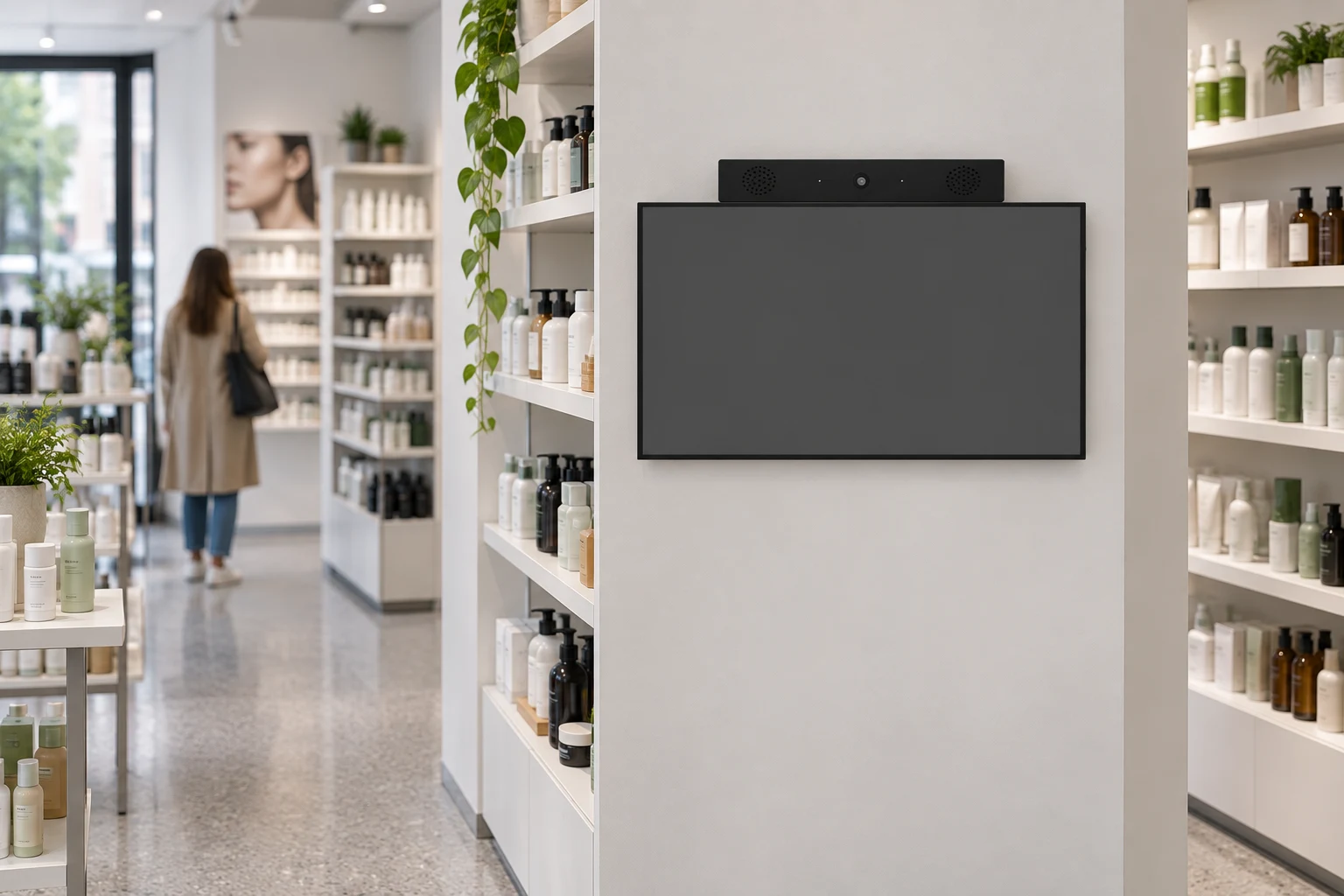 Illustrative retail installation with a front-facing Muro Canvas / wall-mounted. Communication bar directly on the display chassis.
