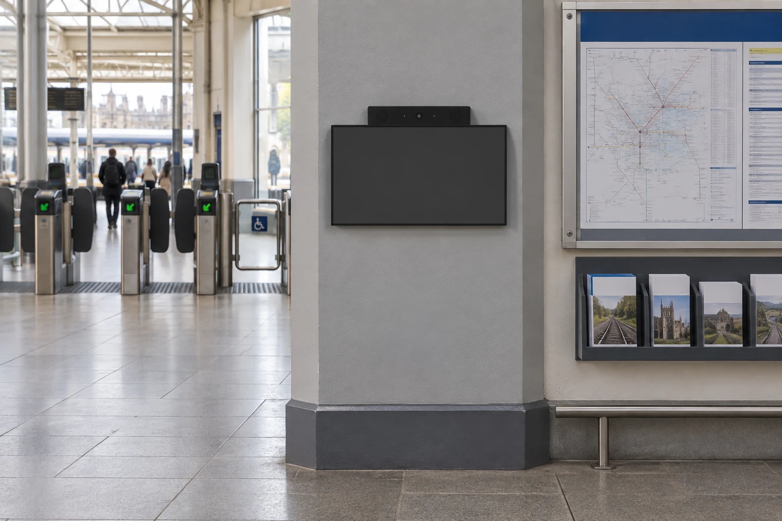 Illustrative transport installation with a front-facing Muro Canvas / wall-mounted. Communication bar directly on the display chassis.